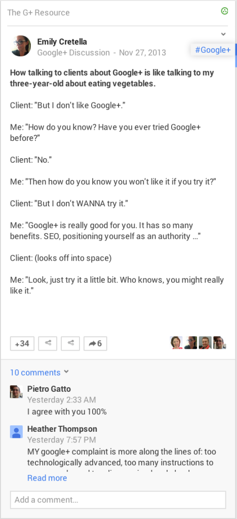 how talking to clients about google+ is like talking to my three year old about eating vegetables